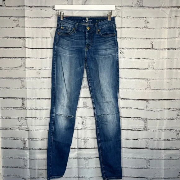 7 For All Mankind Blue Skinny Jeans 25x29 High-Rise Stretch Denim Distressed Y2K - Picture 1 of 16